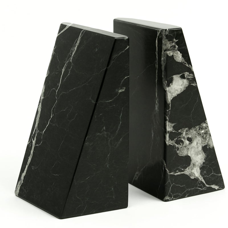 Bey-Berk Whitney Zebra Marble Bookends (Black, Set of 2), 4" x 2.5" x 6" Heavy Wedge Book Ends for Desk, Shelf, or Office - Image 1